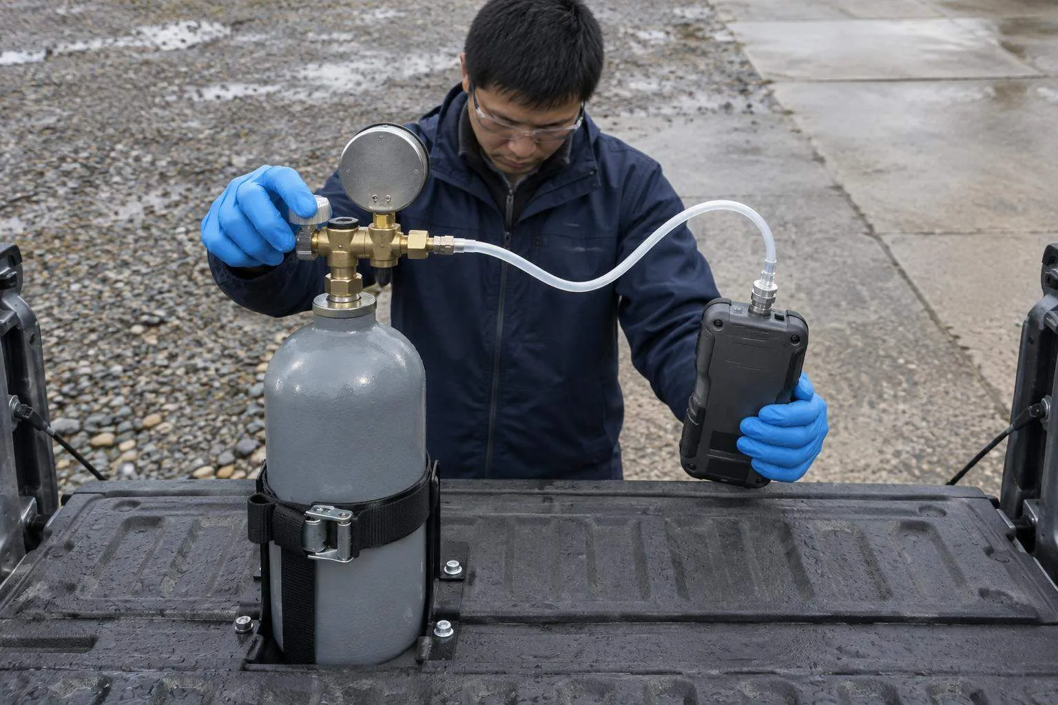 Environmental consultant checks a gas detector against calibration gas at a former maintenance yard.