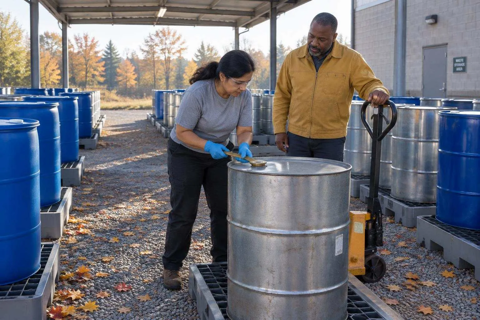 A consultant seats a bung wrench on a steel drum as a plant lead stands by, in a covered storage bay of tidy drums in autumn light.