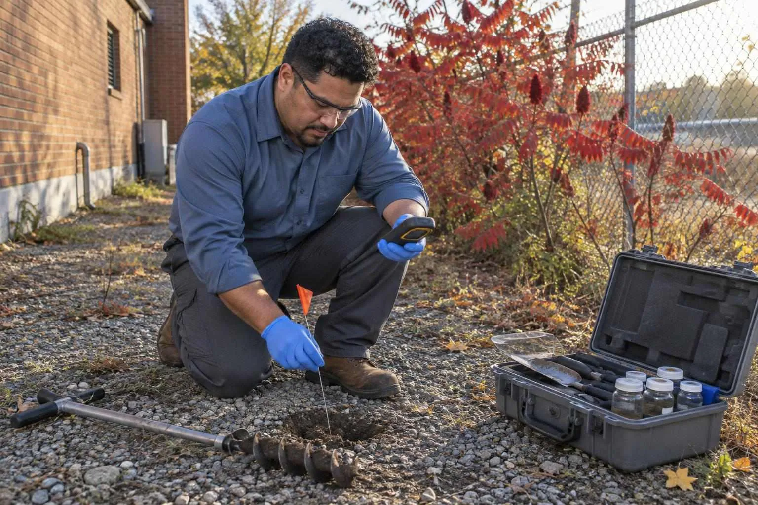A consultant kneels at a shallow soil boring, holding a handheld GPS over it and placing a pin flag beside a sampling kit.