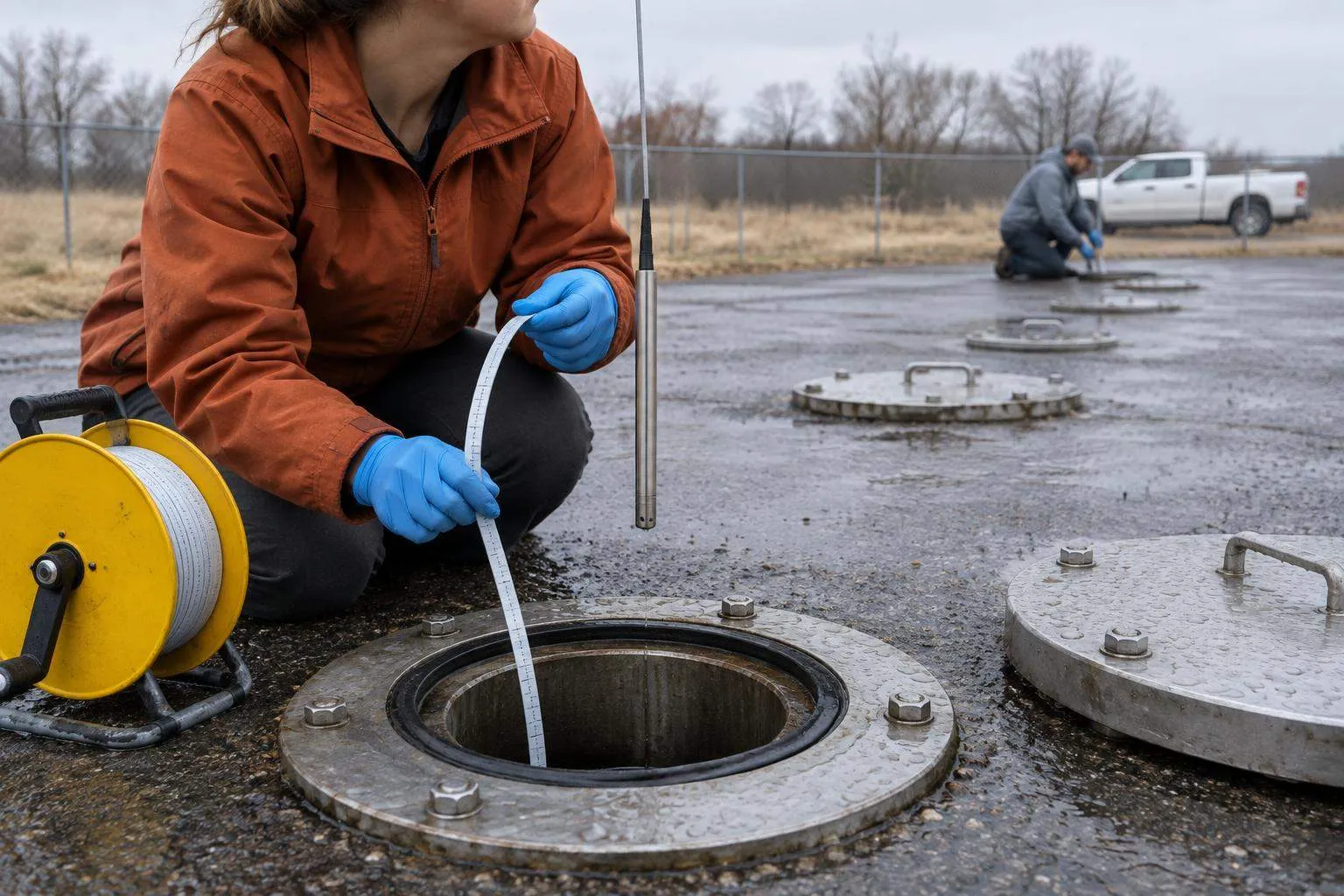 Gloved hands lower a water-level tape into a monitoring well, with a row of more well covers across the wet lot behind.