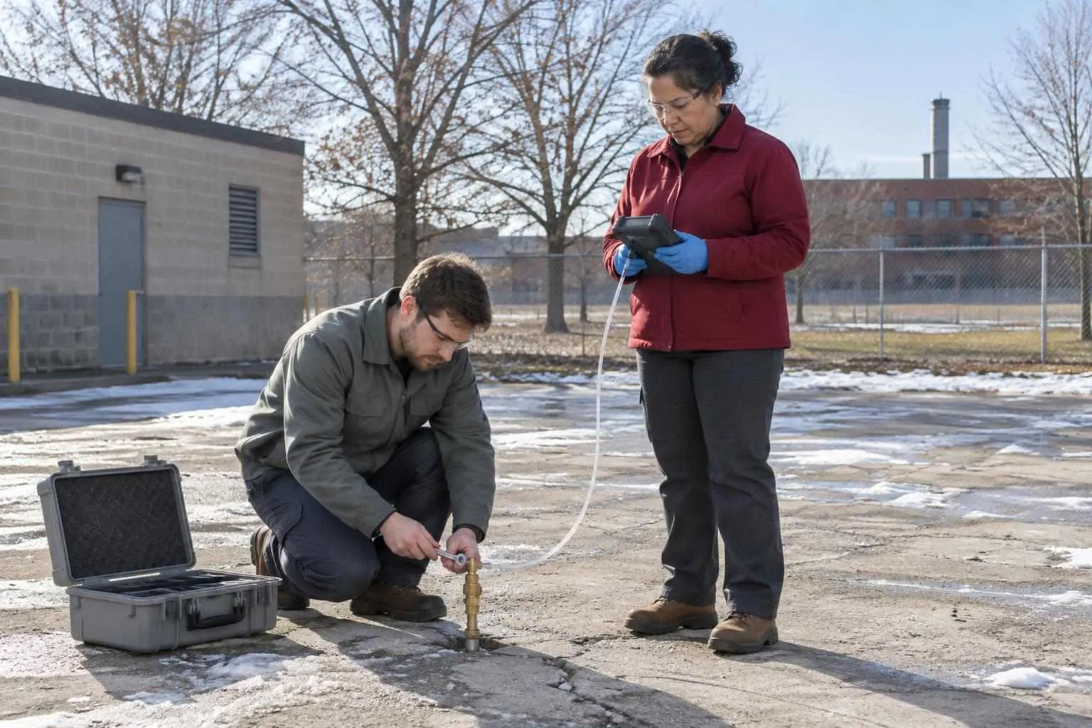 Two environmental consultants test a sub-slab vapor probe with a handheld gas analyzer on a frosty concrete apron.