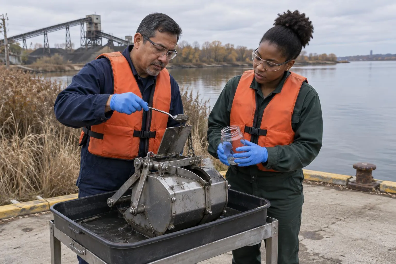 Senior environmental consultant demonstrates sediment sampling while a junior colleague holds the receiving jar.