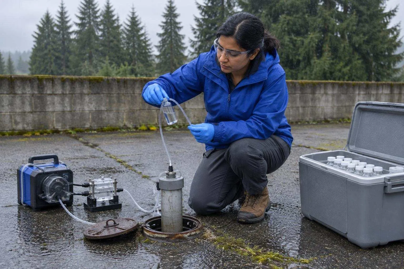 A consultant kneels at a monitoring well in light rain, filling a glass vial from thin tubing beside a pump and grey cooler.