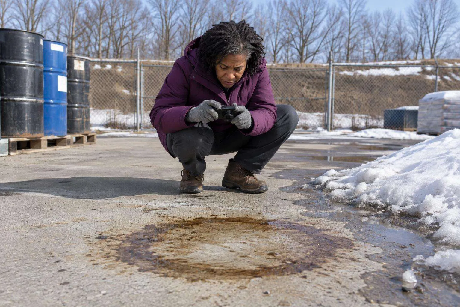 Consultant photographs a snow-edged storage pad during late-winter Phase I reconnaissance before a spring closing.